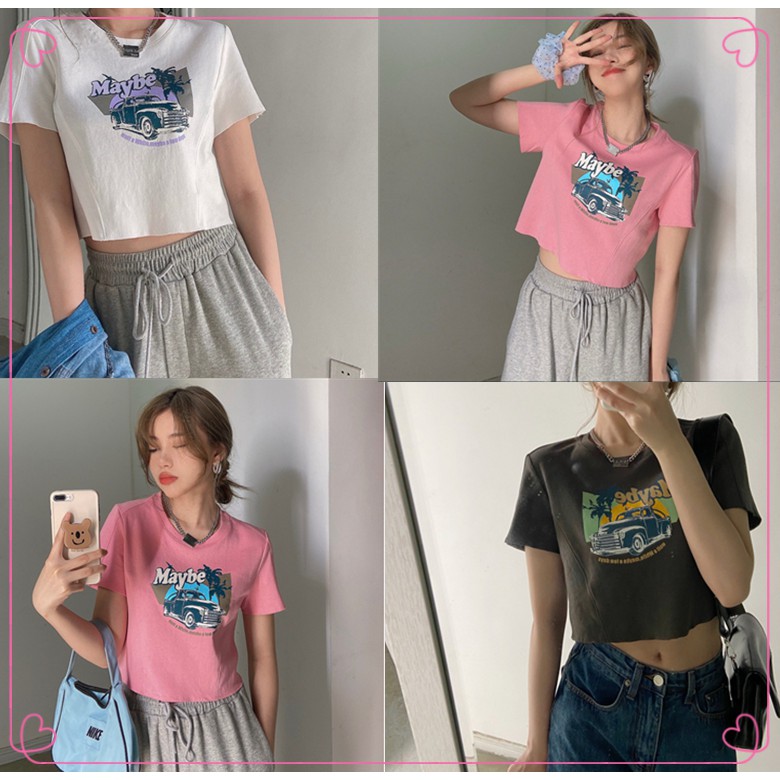 WANG JIAO ZHAN Áo thun croptop WANGJIAOZHAN tay ngắn dáng rộng in hình phong cách Hàn Quốc