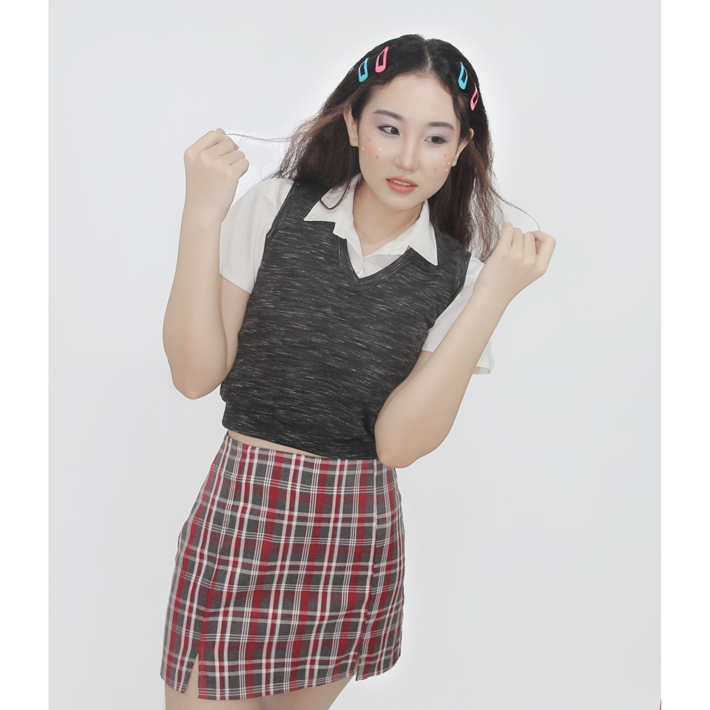 Chân váy ngắn xẻ đùi hai bên sọc caro trắng đen, váy chữ A ngắn | BigBuy360 - bigbuy360.vn