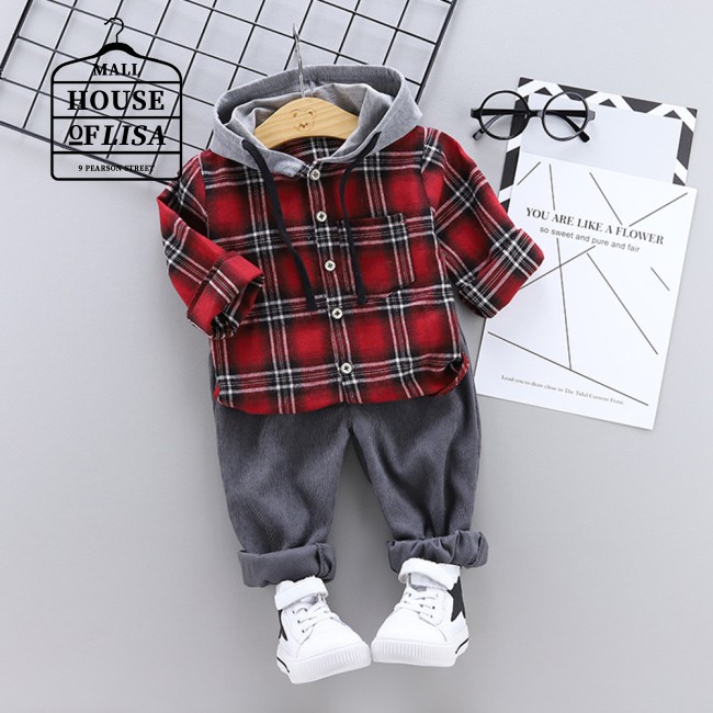 boy outfit clothing set boy clothing Boys Outfits Long Sleeves Plaid Hoodie+Solid Color Pants Leisure Clothing Suits 