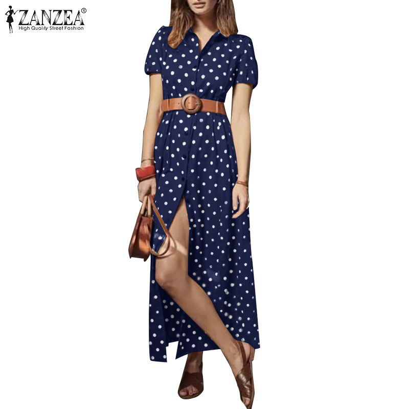 Đầm Dài ZANZEA Chia Đuôi Cho Nữ Ngắn Tay Có Cổ In Chấm Bi Khóa Nút