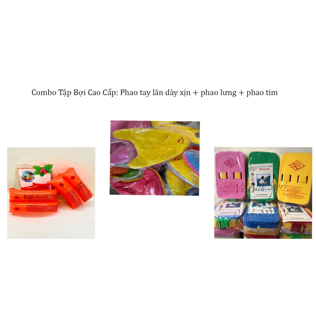 Set tập bơi gồm 3 bộ: Phao Tay Lăn Xịn/ Dày + Phao Lưng + Phao tim (giao màu ngẫu nhiên)