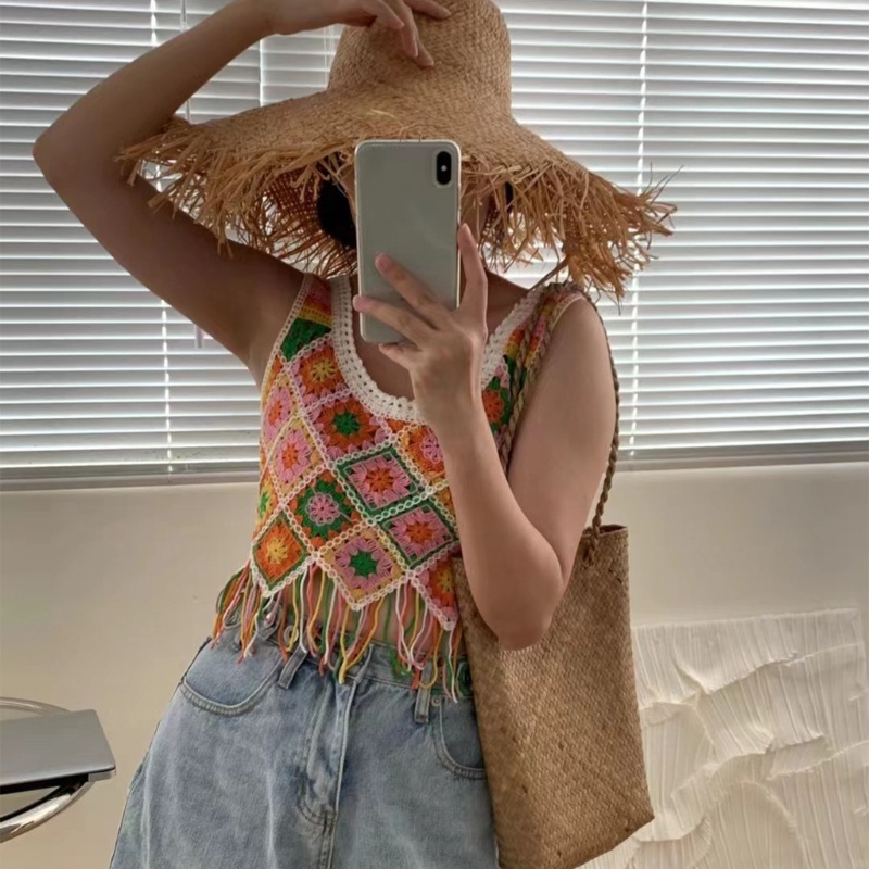 Áo Croptop Dệt Kim Sát Nách Sọc Ca Rô Phối Lỗ Lưới Nhiều Màu Sắc Xinh Xắn Cho Nữ