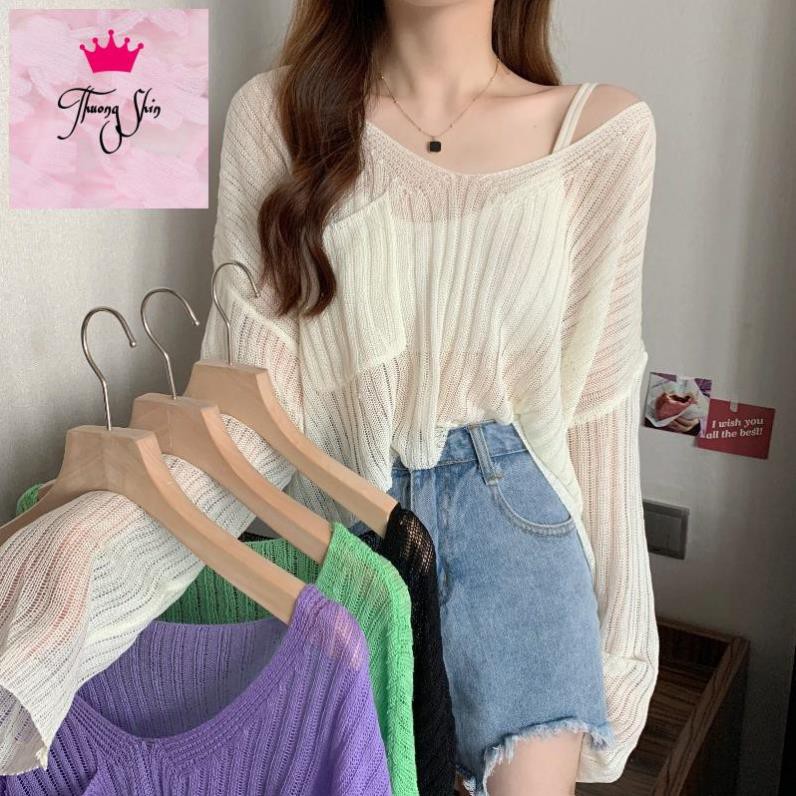 (ORDER) Áo len dệt kim lưới mỏng cổ rộng trễ vai dáng ngắn style điệu đà Hàn Quốc