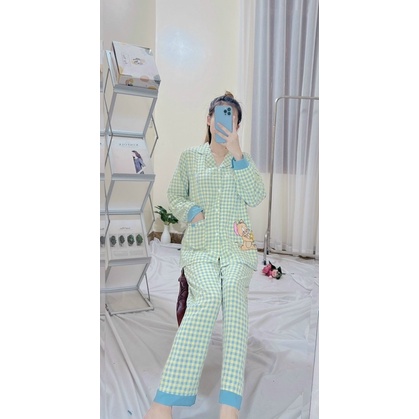 Bộ pijama mặc bầu và sau sinh có khoá ti ngực áo dài quần dài hoạ tiết kẻ ô xinh
