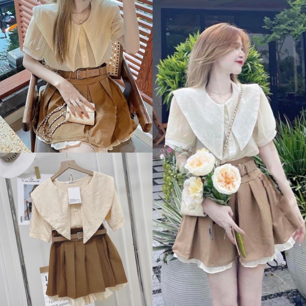 Sét Bộ Áo Sơ Mi Cổ Bèo Màu Be Chân Váy Xếp Ly Layer Màu Nâu Tây Dày Dặn Phong Cách Hàn Quốc kèm đai thắt lưng