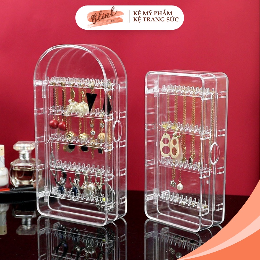 Kệ trang sức trong suốt, giá treo bông tai, dây chuyền 2 cánh đóng kín chống bụi nhựa Mica, treo được 40-50 bộ