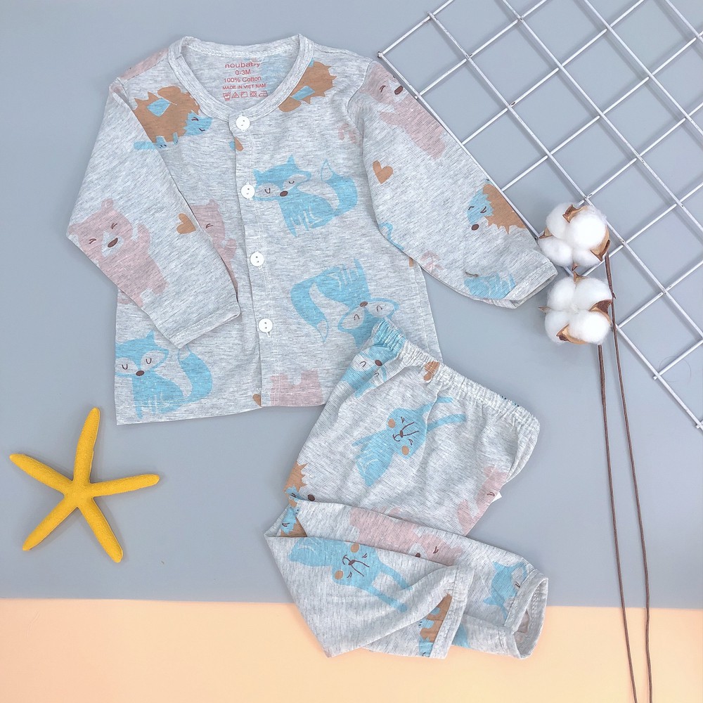 Đồ Bộ Dài Tay Nút Giữa NOUBABY - COTTON LOANG Mềm Mát - Họa Tiết Đáng Yêu - Đồ Mặc Ngủ Cho Bé Trai Bé Gái Sơ Sinh 3-14kg