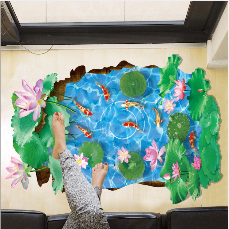 Decal trang trí tường - Hồ Sen Cá KOI 3D vuông mẫu 03