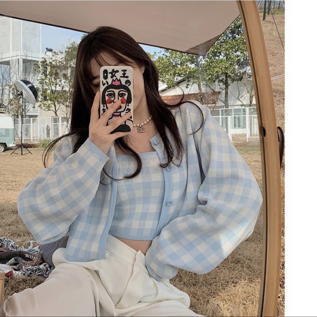 Áo len 2 dây croptop nữ Thảo Chi - Set áo len 2 dây kèm áo khoác ngoài họa tiết kẻ caro có 4 màu cực xinh dễ thương