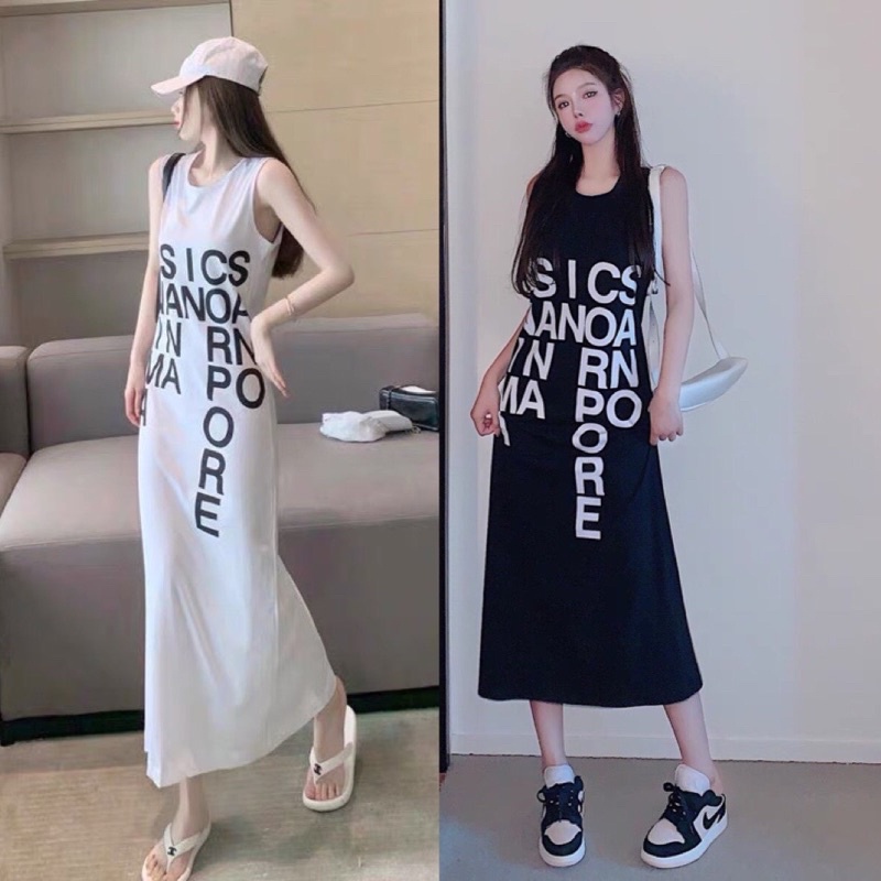 Váy sát nách dáng dài cổ tròn chất cotton in chữ PORE hai màu đen trắng