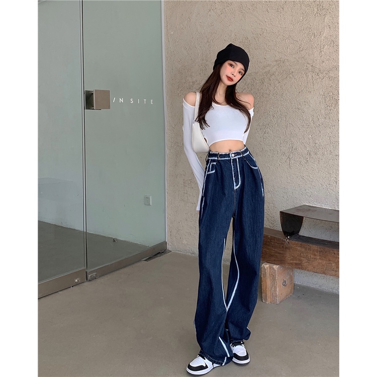 Quần denim Xanh Ống Rộng Lưng Cao Thiết Kế Mới Thời Trang Theo Phong Cách Mỹ Cho Nữ