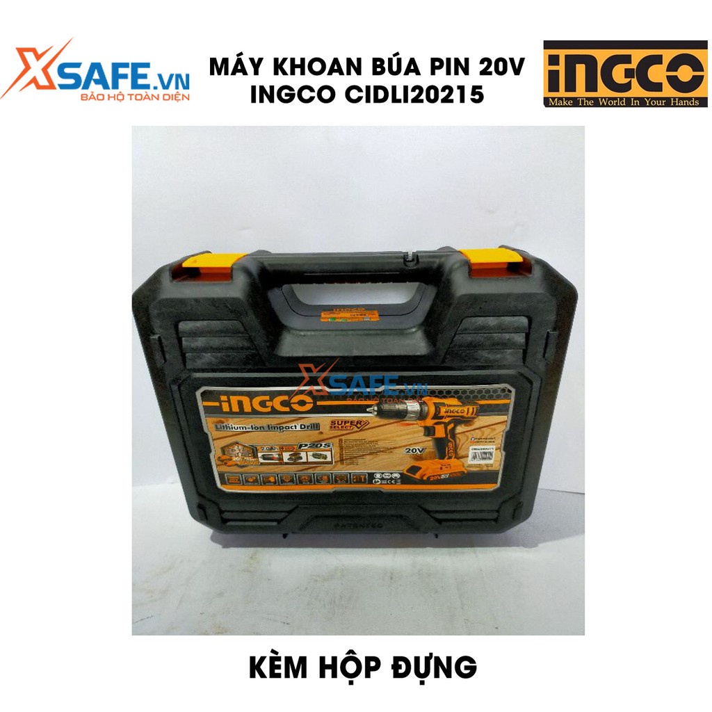 Máy khoan búa pin INGCO CIDLI200215 20V tốc độ búa 22500/ph, nhôm cơ khí 2 tốc độ, kèm 2 pin 2Ah, 1 sạc tiện lợi