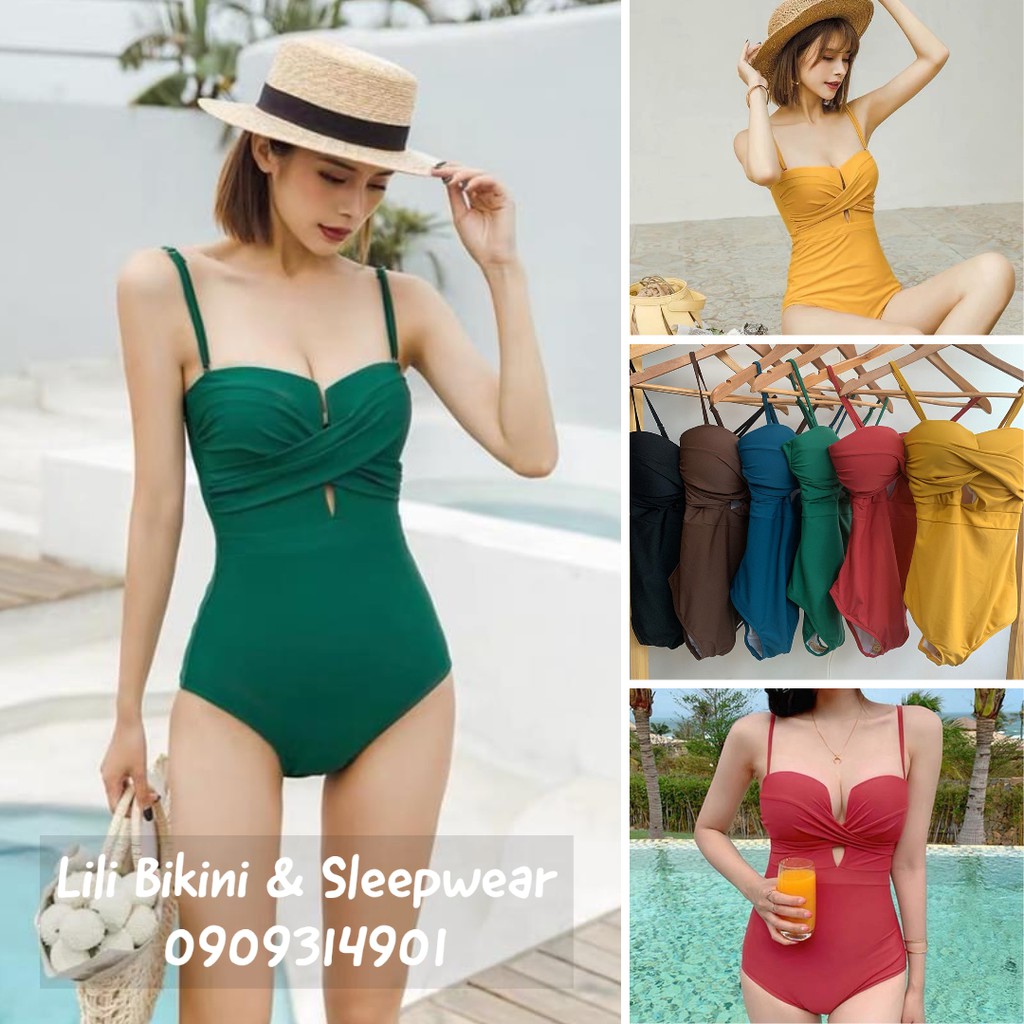 Bikini một mảnh xanh, vàng, đỏ chụp hình nhóm, bikini liền thân xẻ chéo ngực sexy cá tính