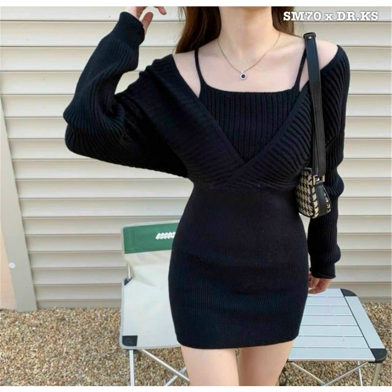 Đầm body yếm trễ vai phối kiểu sang chảnh A15