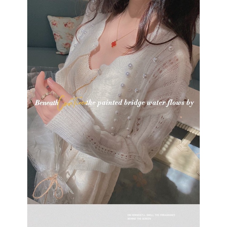 Áo khoác cardigan dệt kim mỏng đính ngọc trai thời trang mùa hè cho nữ