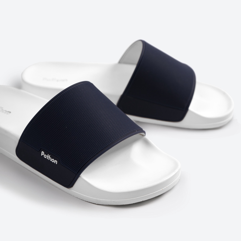 Dép nam nữ quai ngang slipper Pathon quai PVC và đế PU trắng quai xanh đen Mẫu SD29