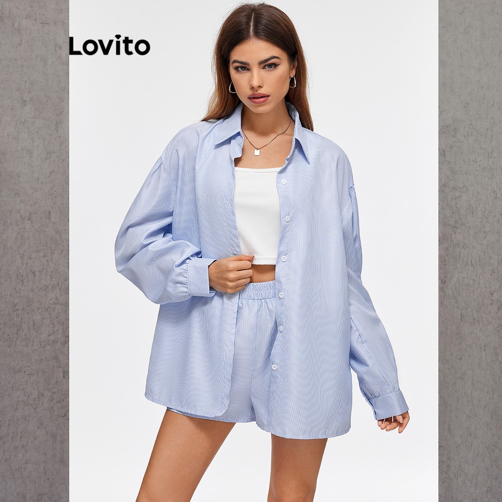 Lovito Set Áo Tay Phồng Kẻ Sọc + Quần Short L20D1353