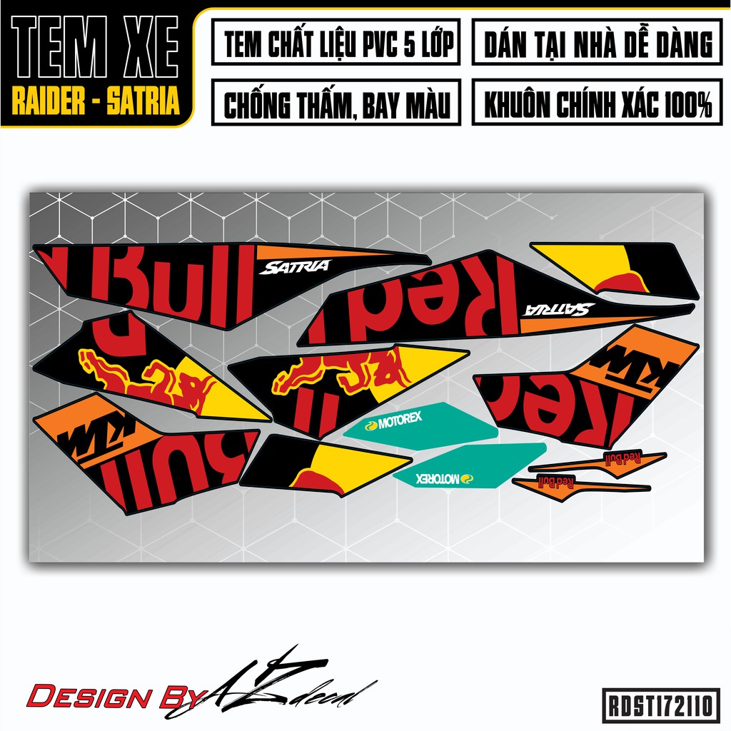 Tem Xe Suzuki Raider/Satria Mẫu Red Bull | RDST172110 | Chất Liệu Decal Chống Nước, Cắt Sẵn Dễ Dán Màu Đỏ Đen Trắng Xanh