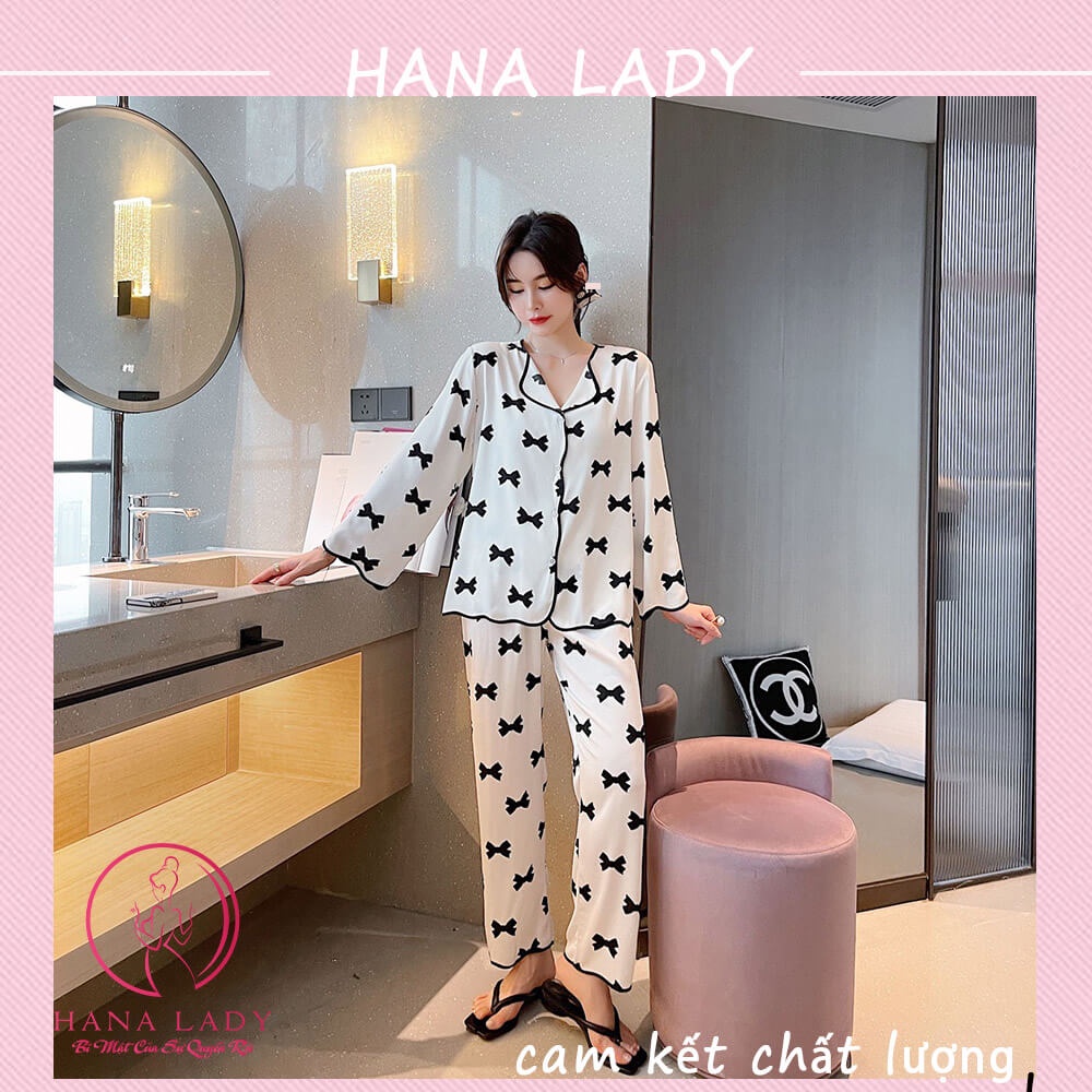 Đồ ngủ nữ - Bộ ngủ lụa pijama dài tay mặc nhà họa tiết nơ cao cấp Hana Lady PJ504