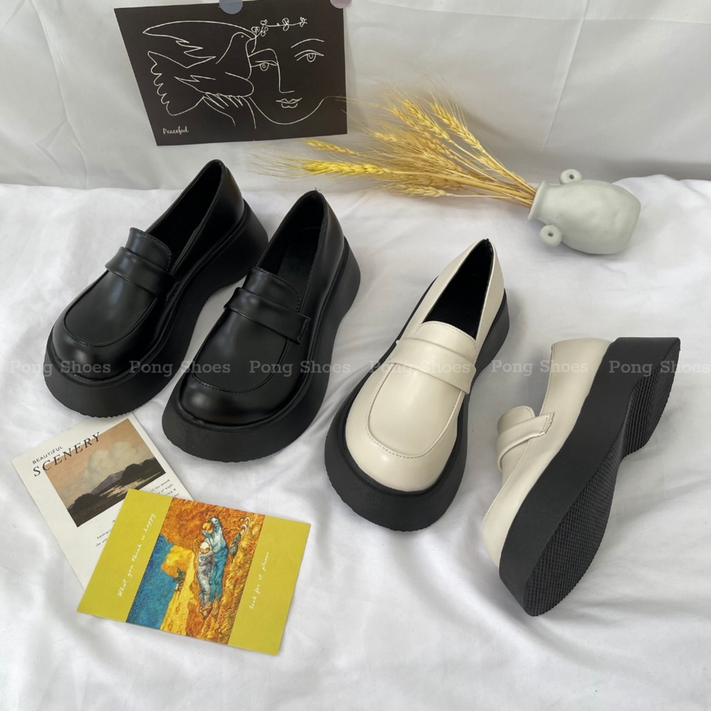 Giày Loafer PongShoes phong cách Ulzzangs màu đen be FULL HỘP 1359