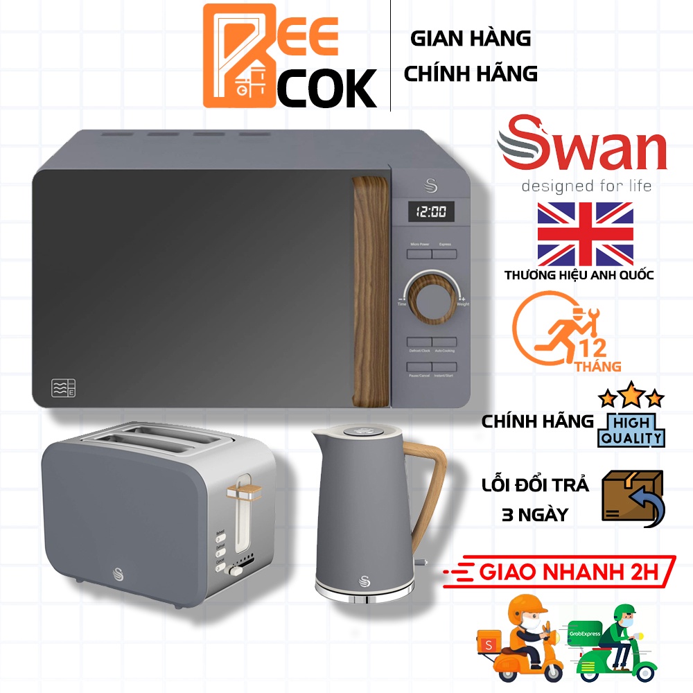 Bộ 3 lò vi sóng, máy nướng bánh mì 2 lát, ấm siêu tốc không dây Swan Nordic tay cầm gỗ, hàng Anh, màu Matte Gray