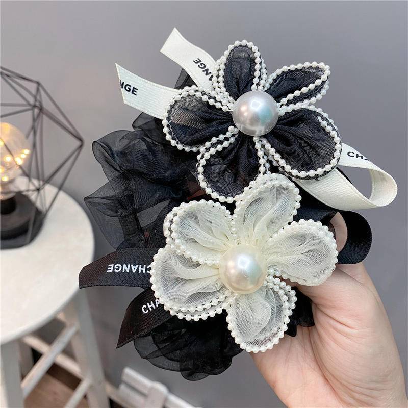 Dây Cột Tóc Lưới Đính Ngọc Trai Hình Nơ Cỡ Lớn Phong Cách Hàn Quốc C065-1