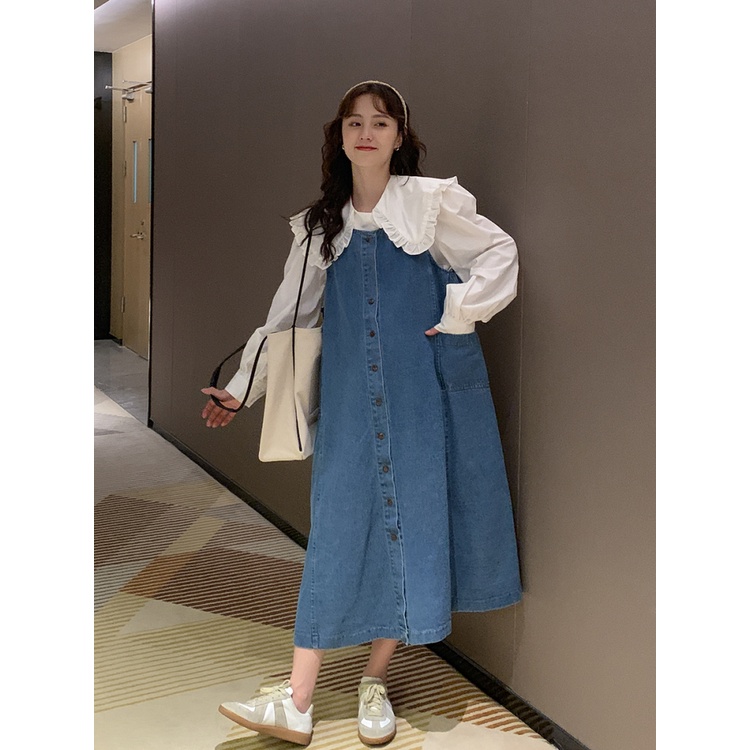 NSCAT-Sản phụ mặc áo vest denim dáng dài ve áo 2021 mới siêu đẹp xu hướng chất thời trang hàn quốc