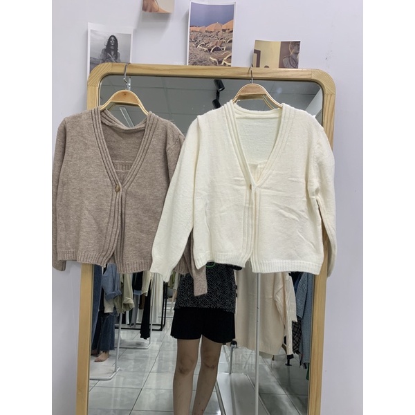 Sét áo cardigan len 1 cúc kèm áo 2 dây len bản to-video cận chất len mịn