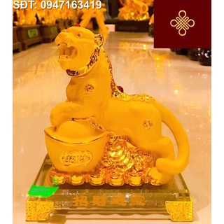 Tượng hổ vàng phong thuỷ đứng trên thỏi vàng kim sa đế kính Tết nhâm dần2022