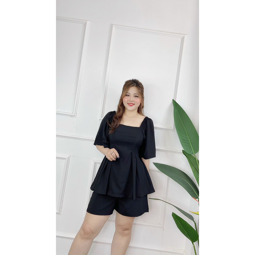 Set bộ peplum bigsize áo cổ vuông quần đùi ống rộng dành cho người béo mập 55-90kg - Mặc nhà,đi chơi hoặc dạo phố