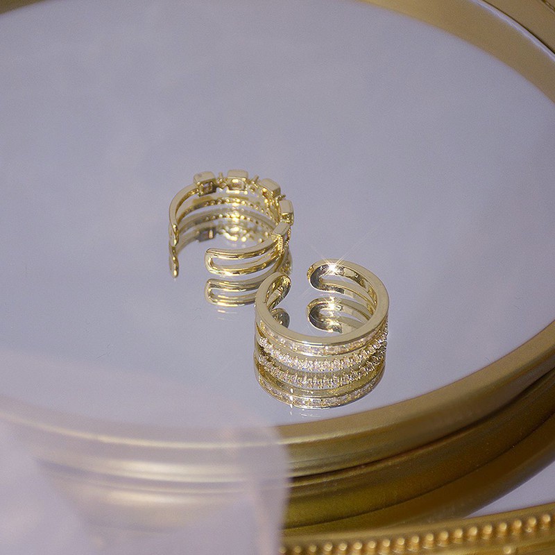 Nhẫn hở hai lớp mạ vàng thật 14k đính đá zircon có thể điều chỉnh cho nữ