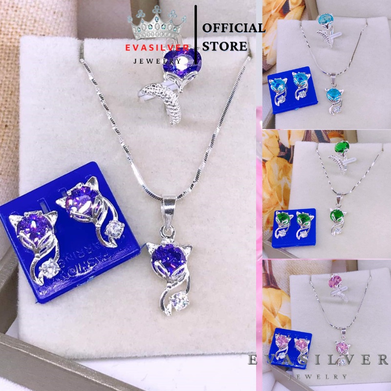 Sét trang sức hồ ly gắn đá phong thủy gồm dây chuyền nhẫn và bông tai, chất liệu bạc ta sang trọng nữ tính