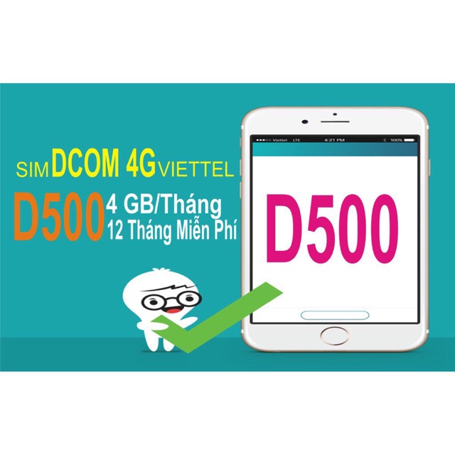 SIM 4G VIETTEL D500 4Gb/ THÁNG TRỌN GÓI 1 NĂM KHÔNG NẠP TIỀN