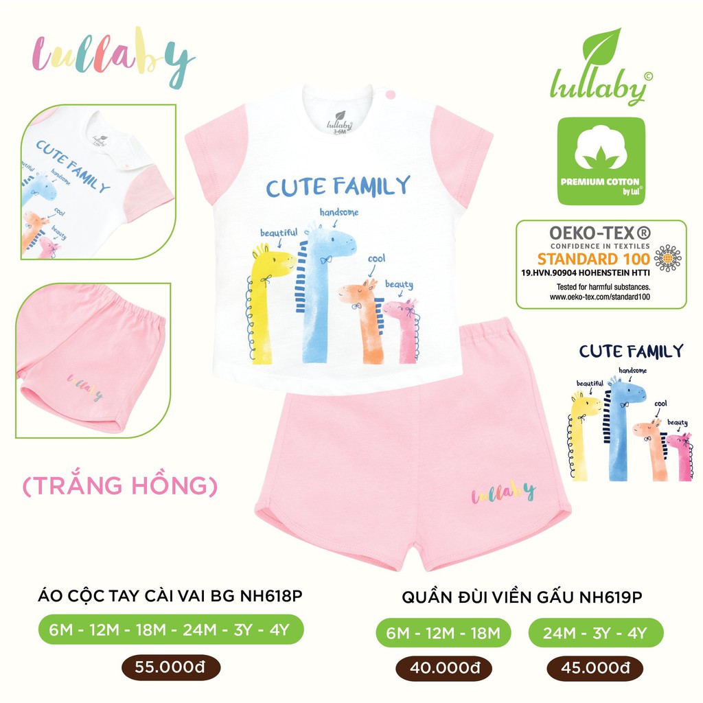 Bộ quần áo cộc tay cho bé gái mùa hè từ 6 tháng đến 4 tuổi Lullaby họa tiết NH618P
