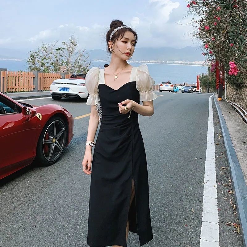 Đầm Chữ A Tay Ngắn Phồng Cổ Chữ v Màu Đen Thời Trang Cho Nữ 2022