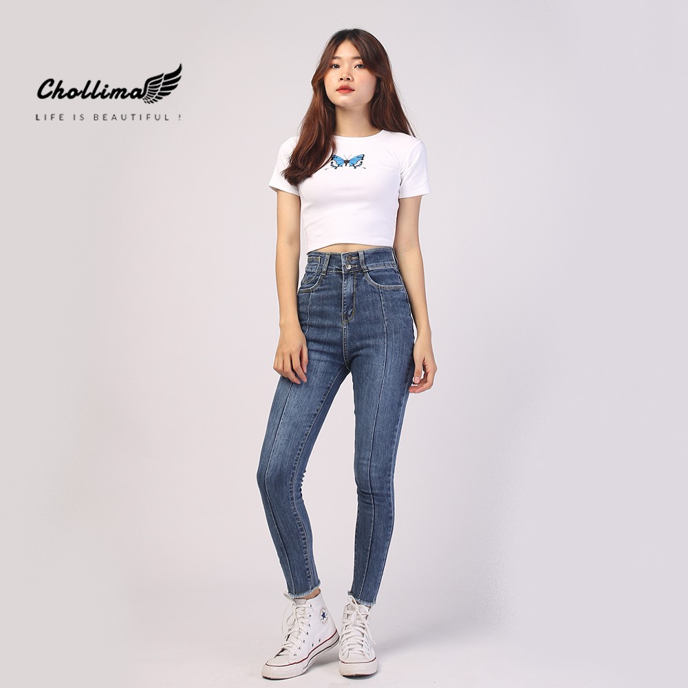 Quần jeans dài nữ co giãn Chollima cạp siêu cao đắp túi đồng hồ QD007 phong cách hàn quốc