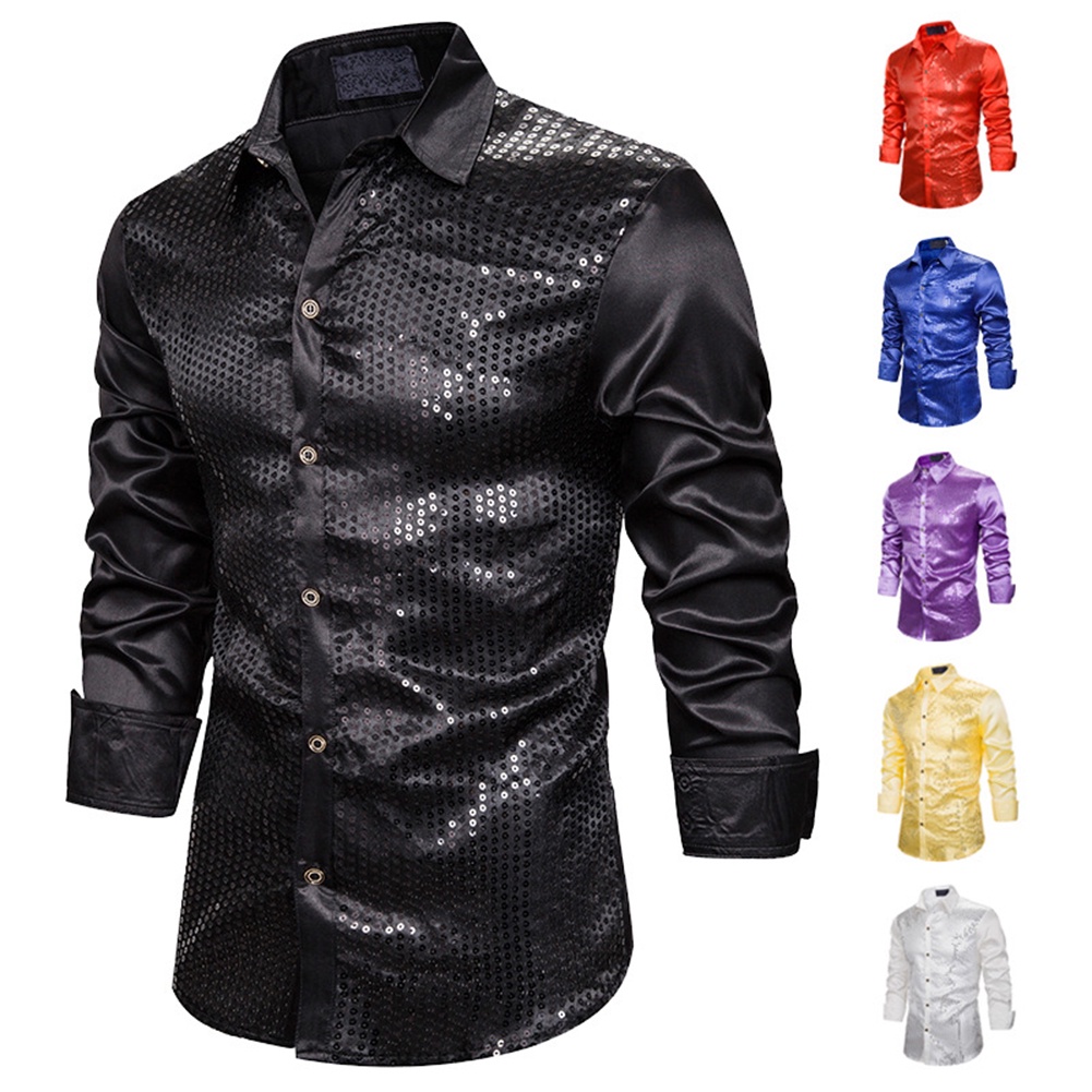 Áo Sơ Mi Dài Tay Cổ Bẻ Màu Trơn Đính Kim Sa Lấp Lánh Thời Trang Biểu Diễn Cho Nam