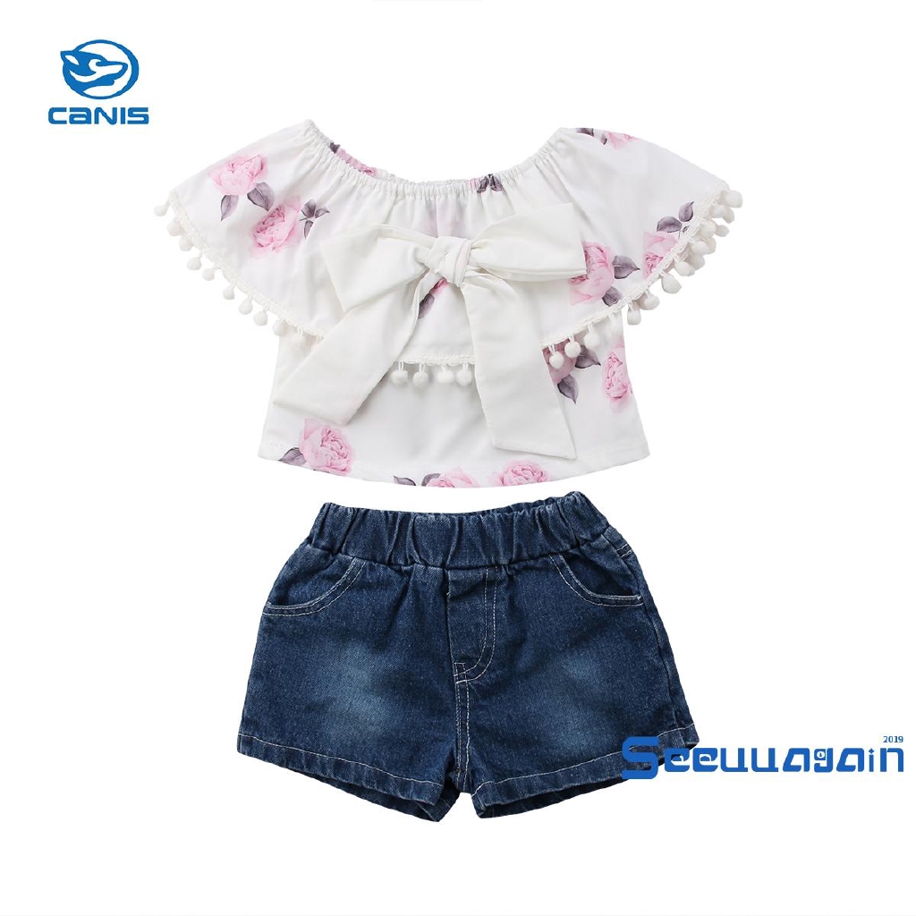 Set Áo Trễ Vai Và Quần Short Denim Xinh Xắn Dành Cho Bé Gái