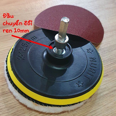 Bộ Dụng Cụ Đánh Bóng 3 Món Gồm Phớt 125mm + Bông Đánh Size 125mm + Đầu Chuyển Đổi M10 Tặng Miếng Nhám Tròn 125