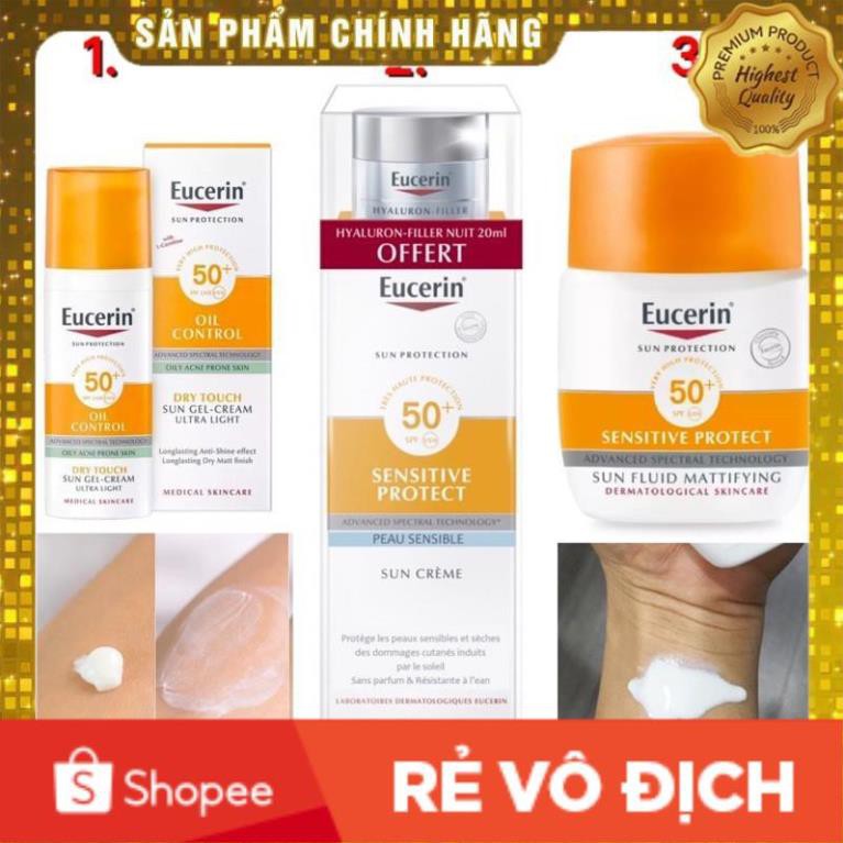 (Nội điaj Pháp))Kem chống nắng Eucerin oil control  và Sensitive Protect Fluid 50ml [SĂN SALE]