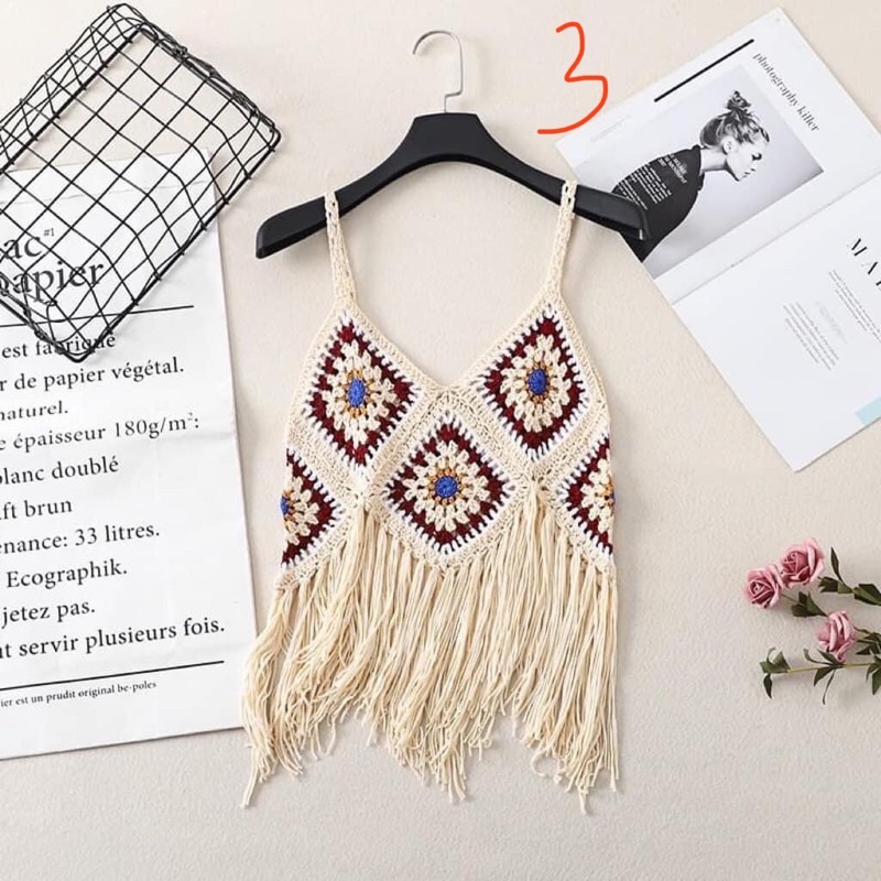 Áo hoa văn ghép Len móc crochet top phong cách bohemian