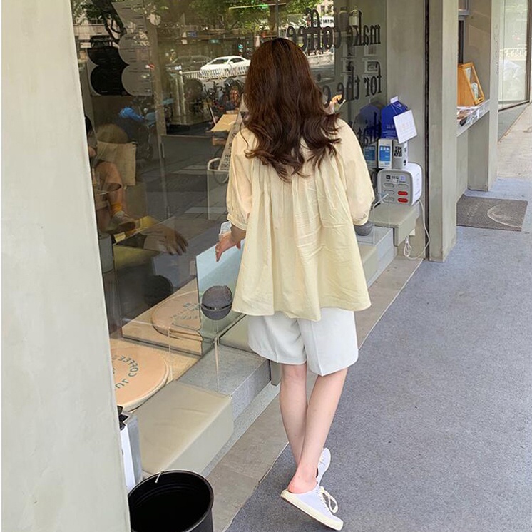 SUXI Áo Sơ Mi Tay Phồng Ngắn Cổ Vuông Màu Sắc Đơn Giản Dễ Phối Đồ Thời Trang Cho Nữ