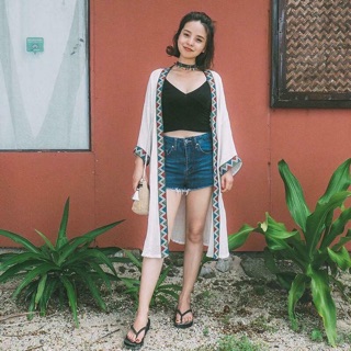 Áo Kimono Mix Thổ Cẩm Trắng Đen