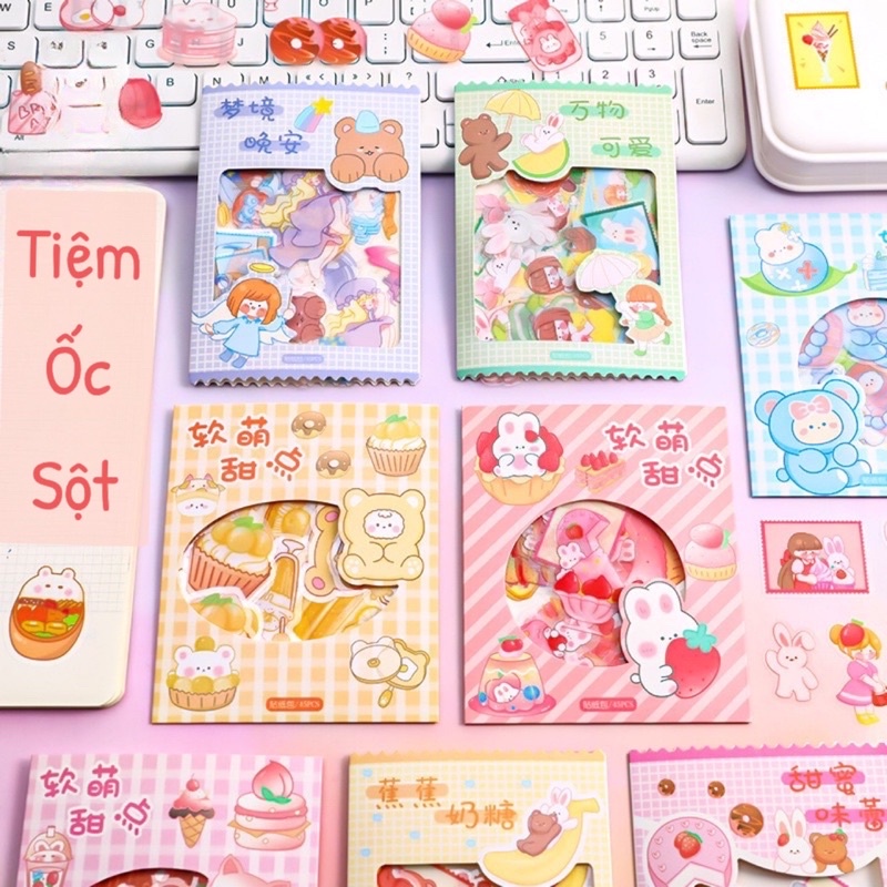 Set 45 miếng dán sticker cute hoạ tiết hoạt hình gấu nâu và thỏ Tiệm Ốc Sột-ST003