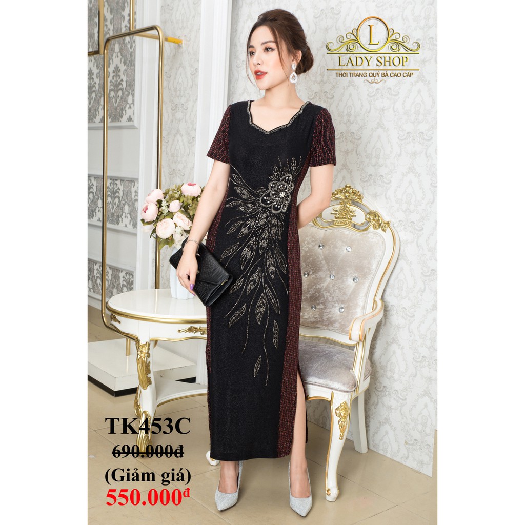 Thời trang trung niên -  Đầm quý bà cao cấp - Ladyshop - Sườn xám cổ hoa phối ngũ sắc đen bông hoa đá TK453