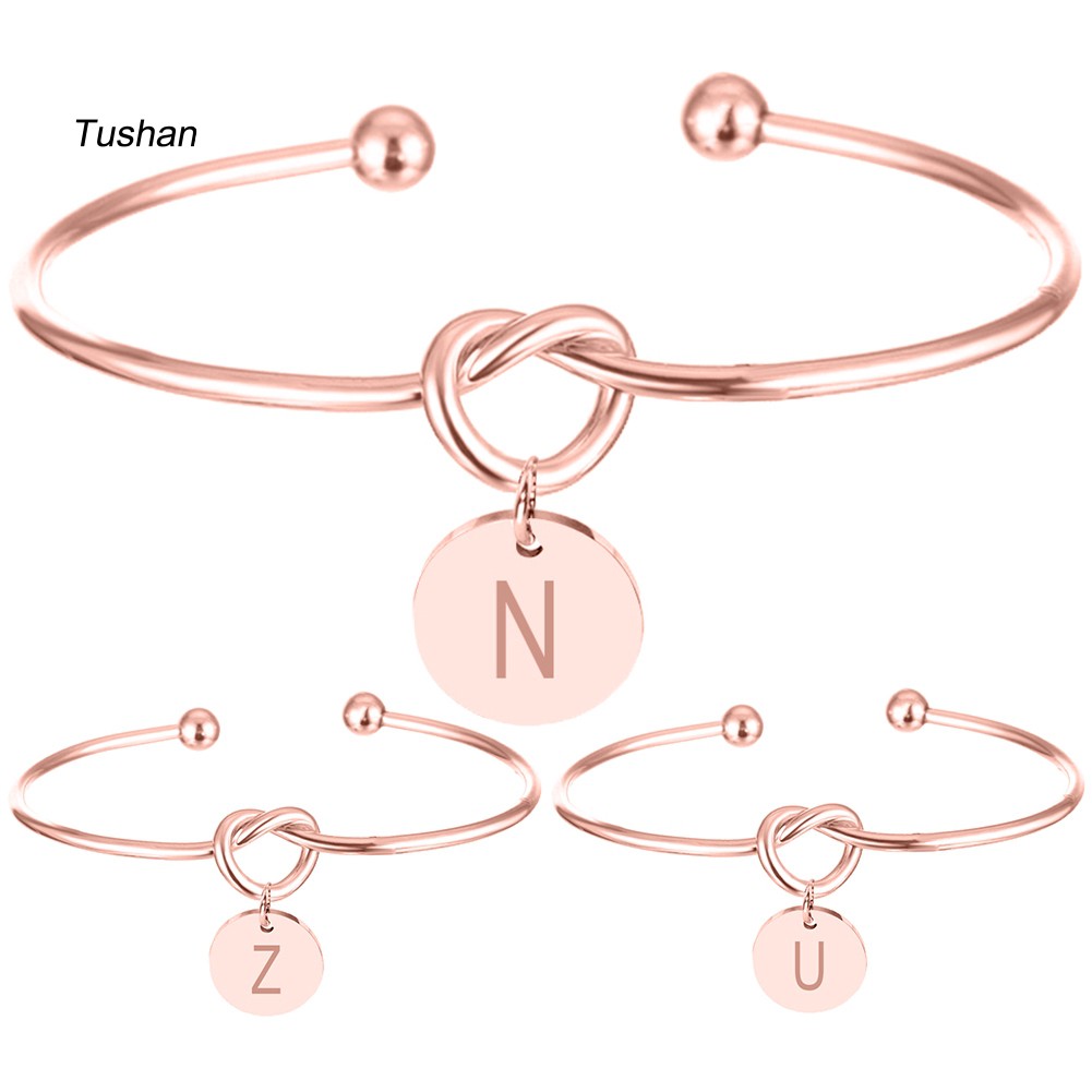 TUSH_Women Knotted Heart Opening Bracelet Letter Carved Metal Disc Charm Cuff Bangle