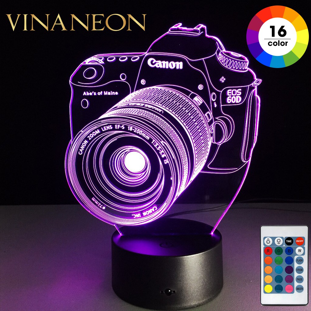 Đèn ngủ 3D, đèn trang trí phòng ngủ 16 màu mô hình máy ảnh độc đáo làm quà tặng có remote điều khiển, đèn led Vinaneon