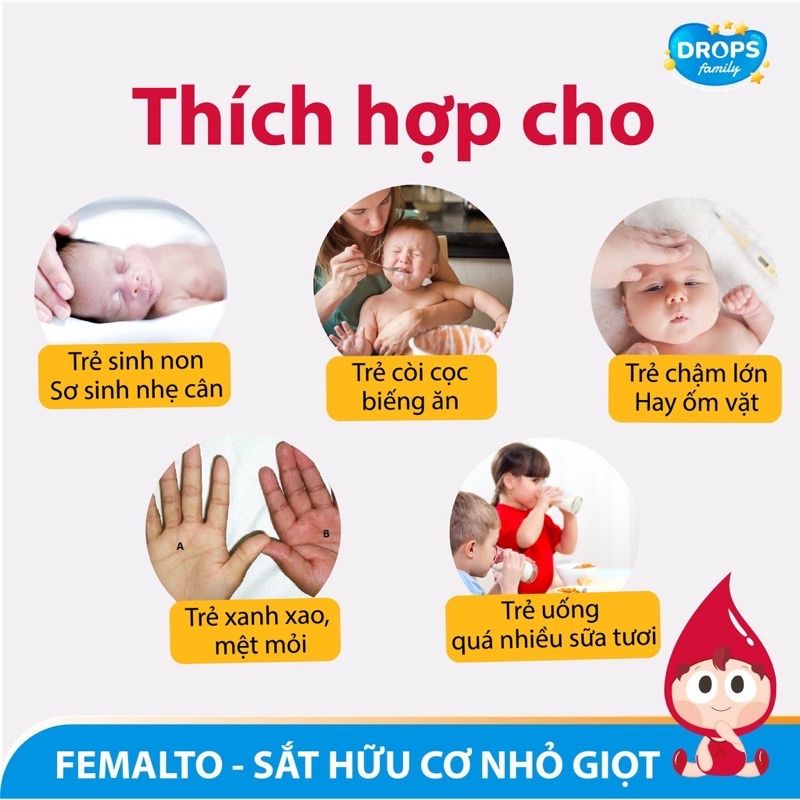 Sắt hữu cơ FEMALTO dạng nhỏ giọt, không tanh, không táo dùng được cho mẹ bầu và trẻ sơ sinh