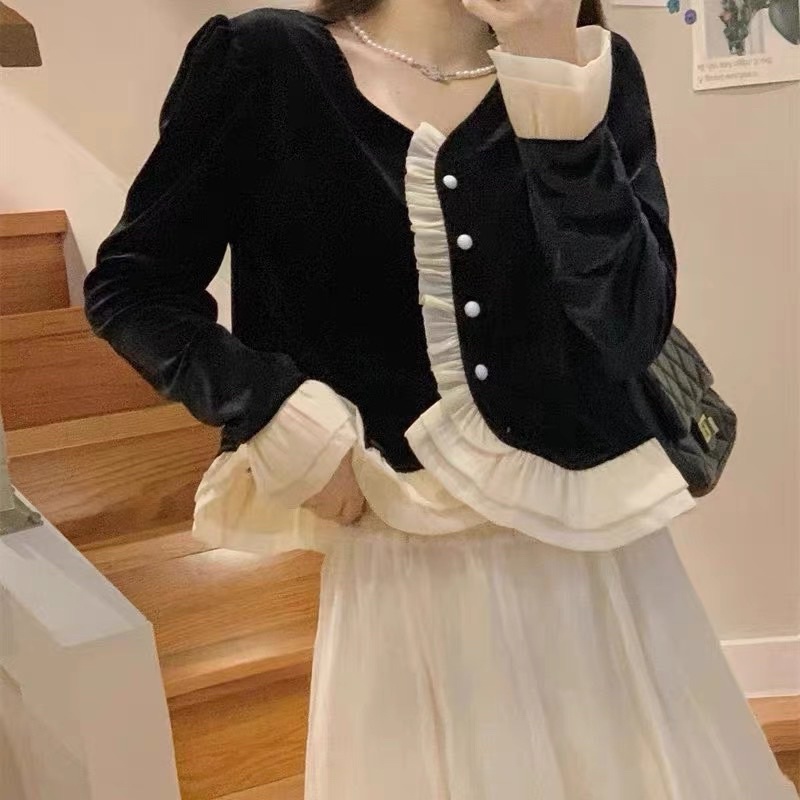 Set Áo Nhung Phối Bèo Mix Chân Váy Tơ Tiểu Thư (hàng QC loại 1) Áo Nhung Kiểu Tay Dài Phối Bèo Kèm CV xoè 2 lớp