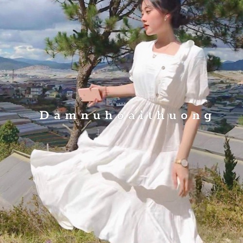 Đầm nữ dự tiệc / Váy dáng xoè nhúm eo đính cúc tôn dáng - Đầm nữ Hoài Thương